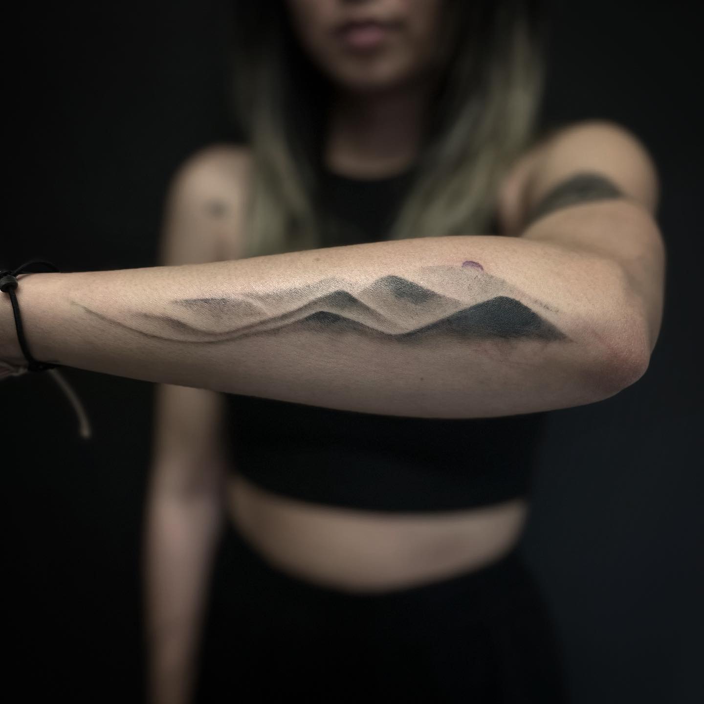 Fine line mountain landscape tattoo by Klumz